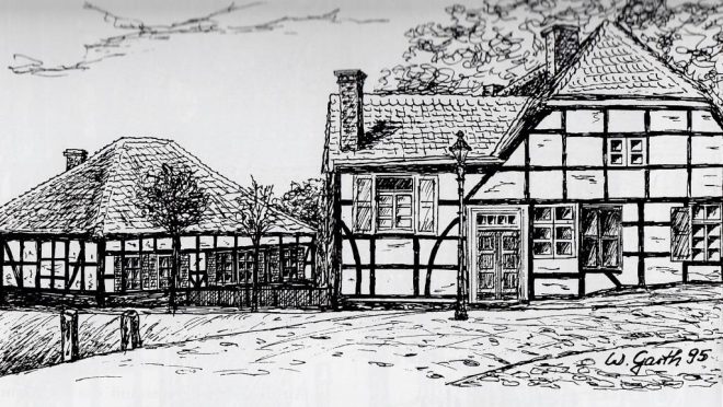 Akzisekontor rechts neben der Hörder Mühle (Zeichnung: Willi Garth)